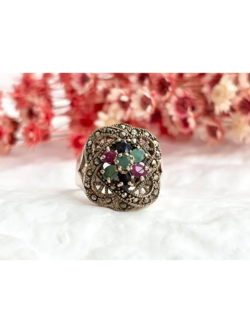 Art Deco Marcasite, Emerald, Garnet Sterling Silver 925 Vintage Ring - sz 9.75